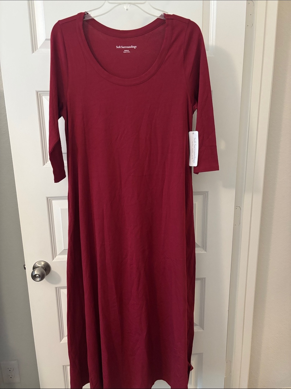 Soft Surroundings Maroon Santiago 3/4 Sleeve Maxi Dress SZ M Scoop Neck NWT